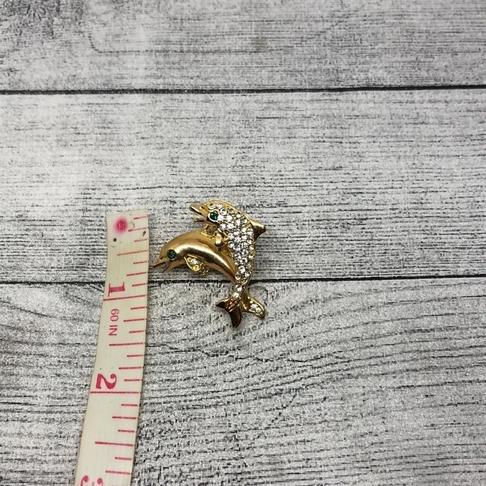 Retro gold tone brooch 2 jumping dolphins glam statement
